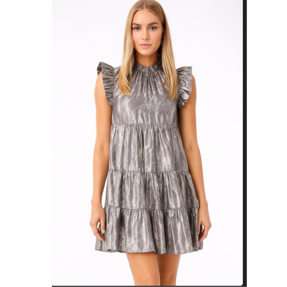 Marie Oliver Metallic Printed Tent Babydoll Tiered Ruffle Sleeves Retro Dress XS
